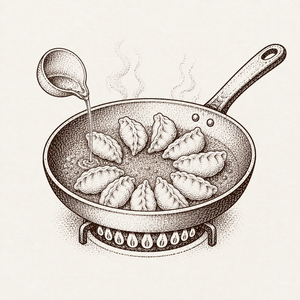 お玉から油を回しかけるフライパンの線画イラスト