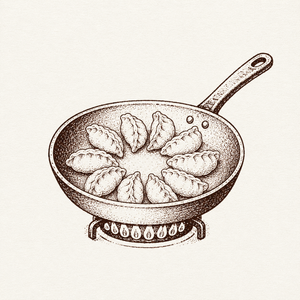 冷凍のまま餃子を並べたフライパンの線画イラスト