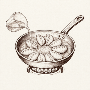 計量カップから水を注ぐフライパンの線画イラスト