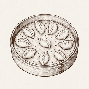 蒸し器に餃子を並べた線画イラスト