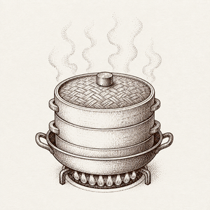 蒸気の上がる蒸し器の線画イラスト