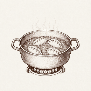 鍋で餃子を茹でる線画イラスト