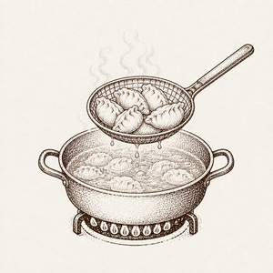 網じゃくしで餃子をすくう線画イラスト