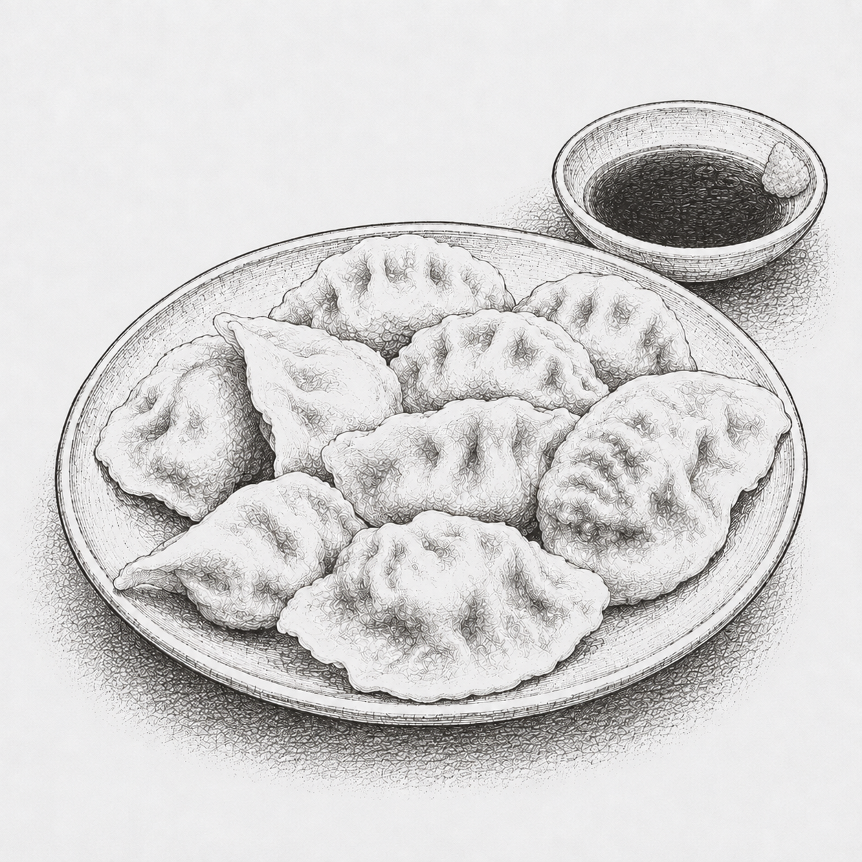 皿に盛られた茹で上がりの俯瞰線画イラスト